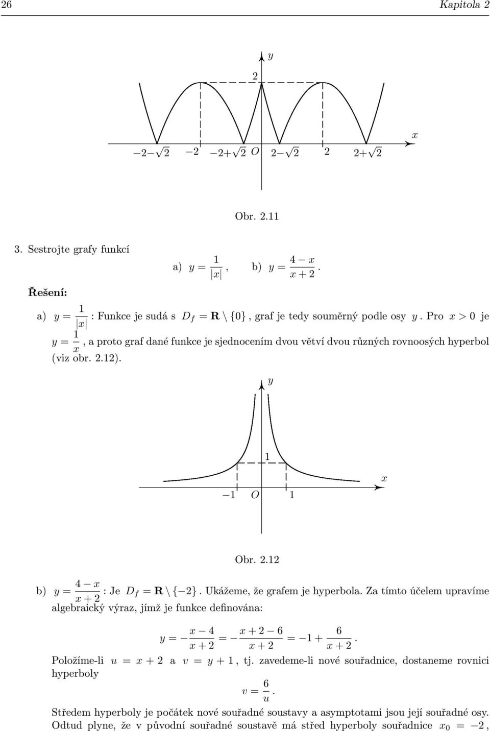 Ukážeme, že grafem je hperbola. Za tímto účelem upravíme algebraický výraz, jímž je funkce definována: = 4 + = + 6 = + 6 + +. Položíme-li u = + a v = +, tj.