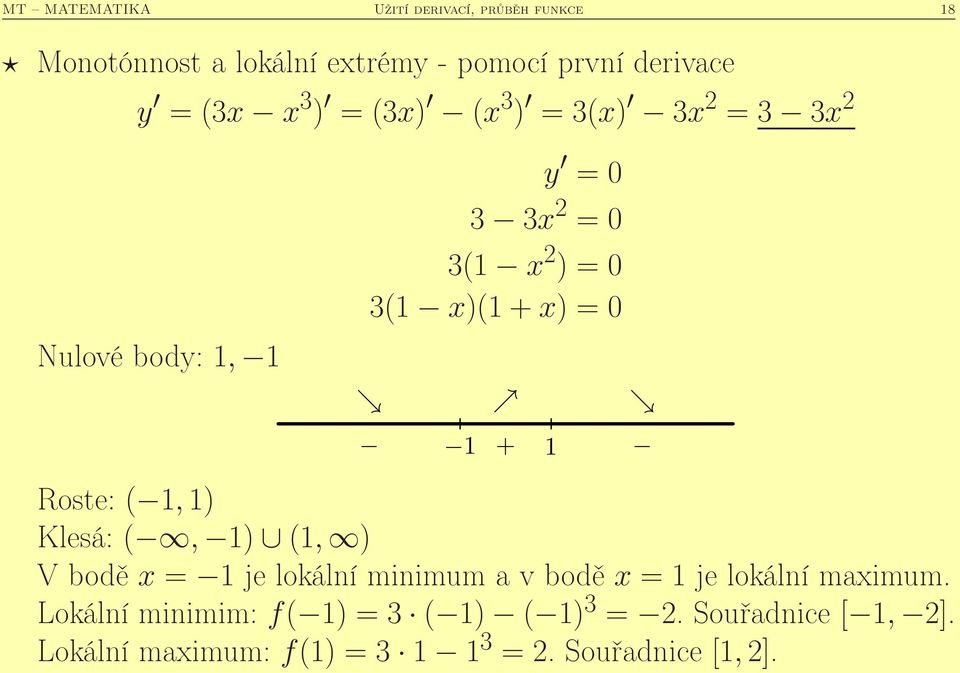 Roste: ( 1,1) Klesá: (, 1) (1, ) V bodě = 1 je lokální minimum a v bodě = 1 je lokální maimum.