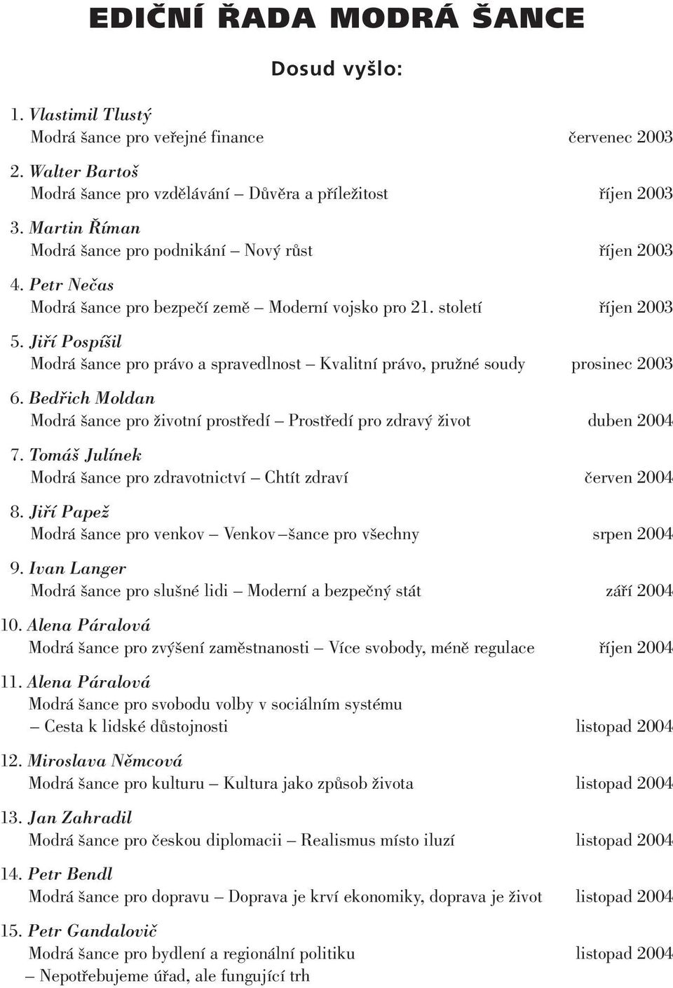 Jiří Pospíšil Modrá šance pro právo a spravedlnost Kvalitní právo, pružné soudy prosinec 2003 6. Bedřich Moldan Modrá šance pro životní prostředí Prostředí pro zdravý život duben 2004 7.