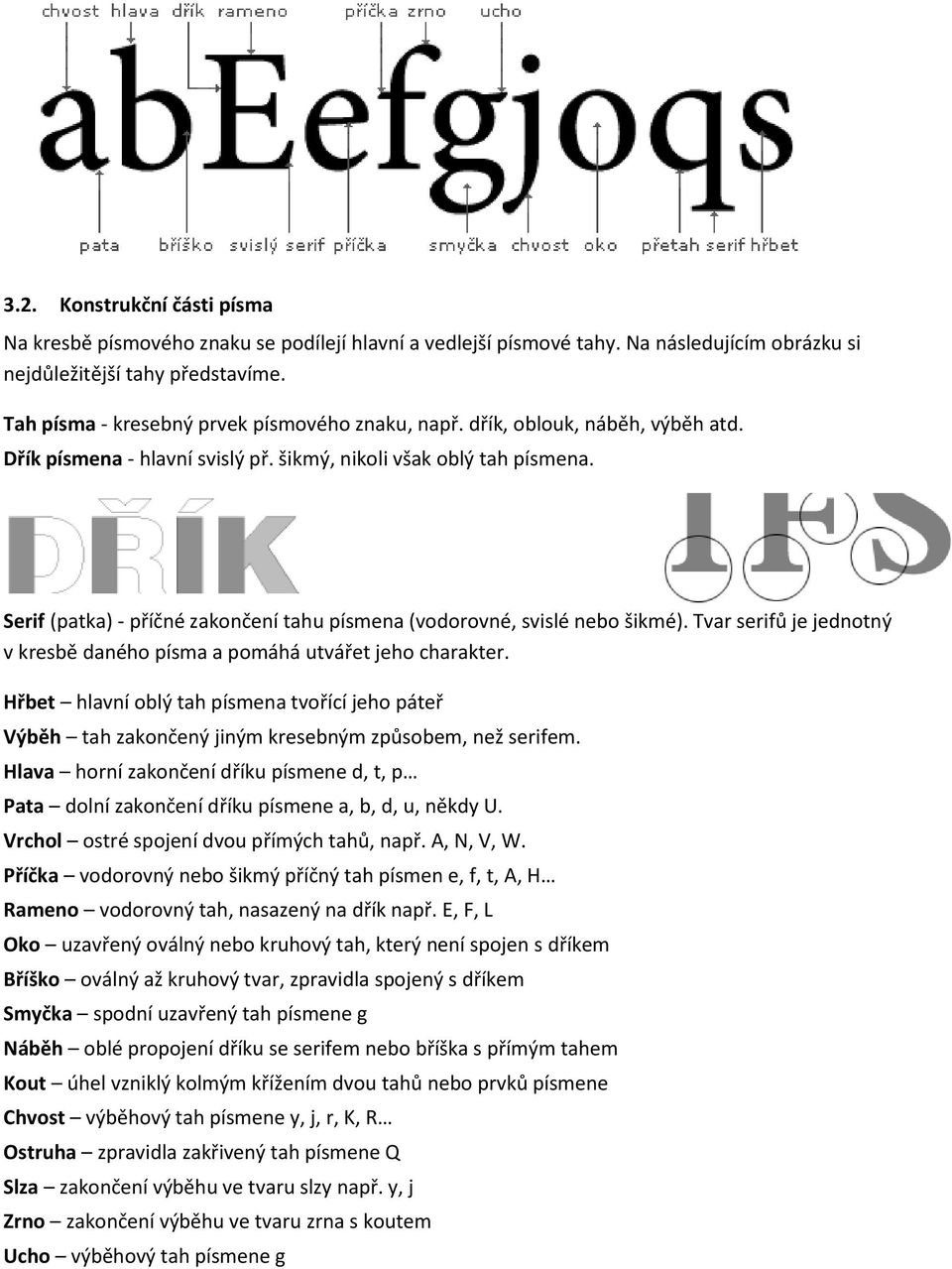 Serif (patka) - příčné zakončení tahu písmena (vodorovné, svislé nebo šikmé). Tvar serifů je jednotný v kresbě daného písma a pomáhá utvářet jeho charakter.
