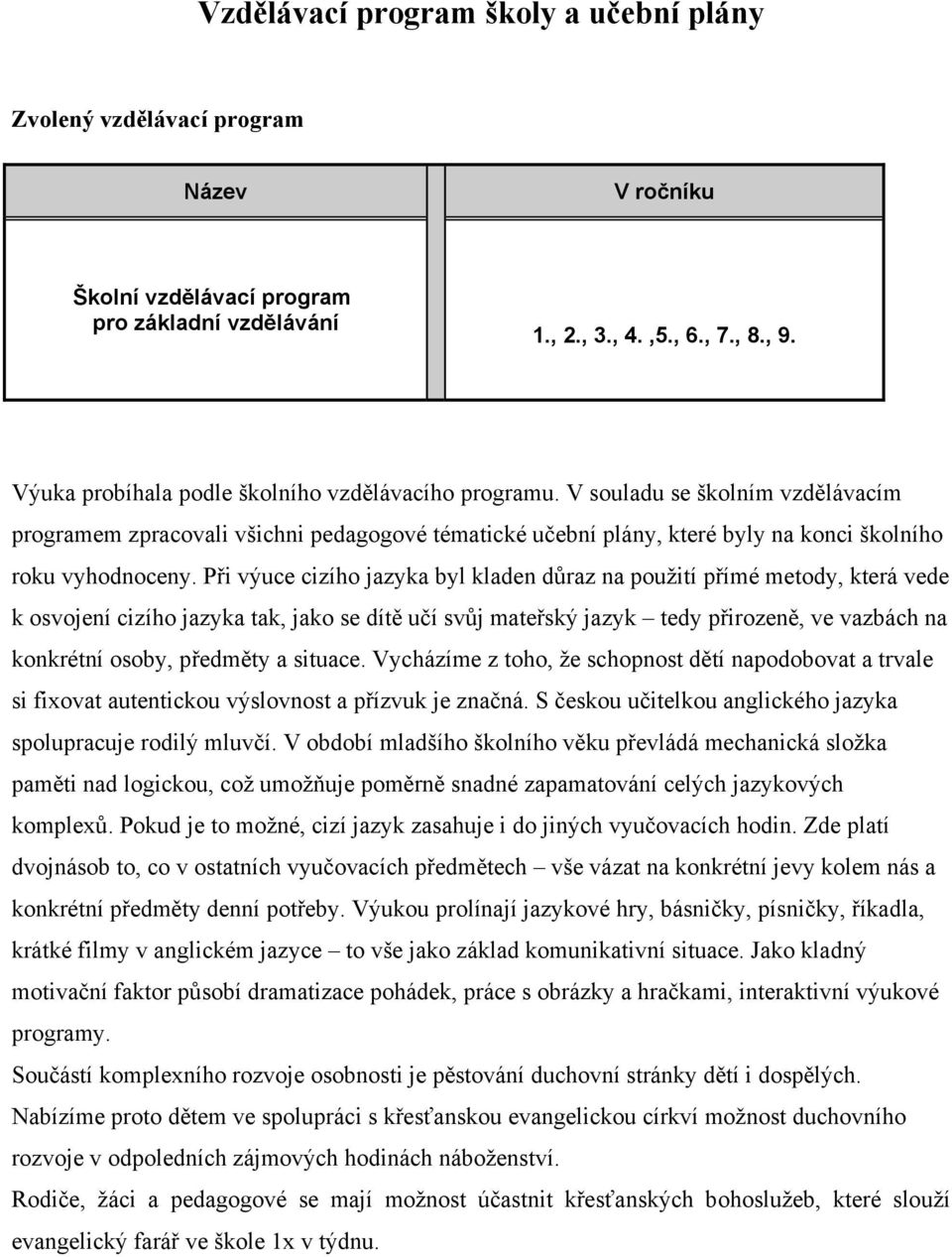 Při výuce cizího jazyka byl kladen důraz na použití přímé metody, která vede k osvojení cizího jazyka tak, jako se dítě učí svůj mateřský jazyk tedy přirozeně, ve vazbách na konkrétní osoby, předměty