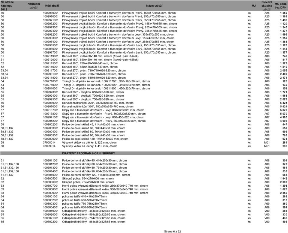 tlumeným dovřením Pravý, 155x470x555 mm, chrom ks A25 1 120 50 1002973001 Plnovýsuvný dvojkoš boční Komfort s tlumeným dovřením Pravý, 255x470x555 mm, chrom ks A25 1 245 50 1002974001 Plnovýsuvný