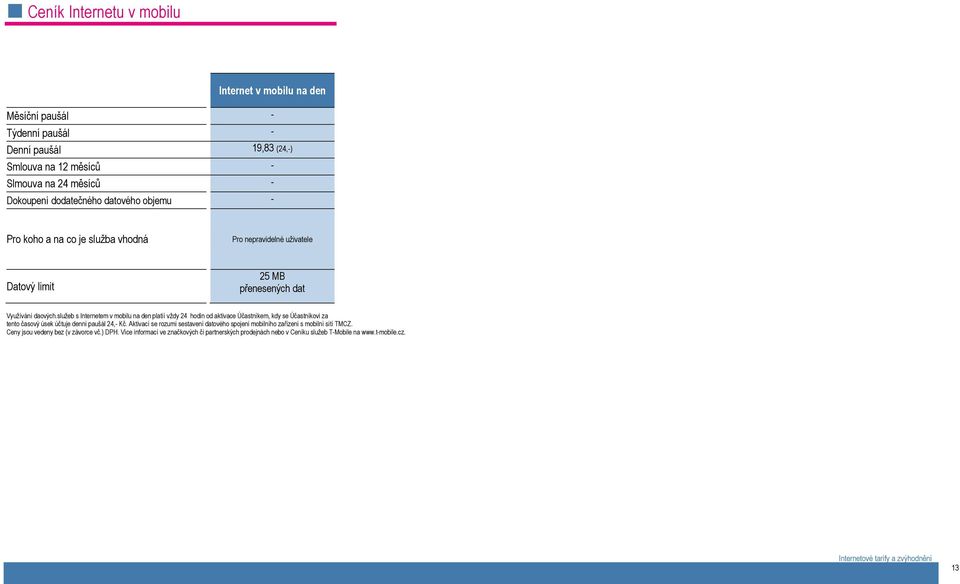 služeb s Internetem v mobilu na den platíí vždy 24 hodin od aktivace Účastníkem, kdy se Účastníkovi za tento časový úsek účtuje denní paušál 24,- Kč.