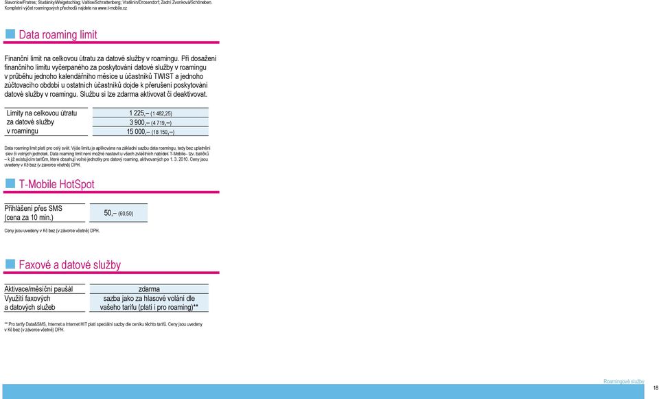 Při dosažení finančního limitu vyčerpaného za poskytování datové služby v roamingu v průběhu jednoho kalendářního měsíce u účastníků TWIST a jednoho zúčtovacího období u ostatních účastníků dojde k