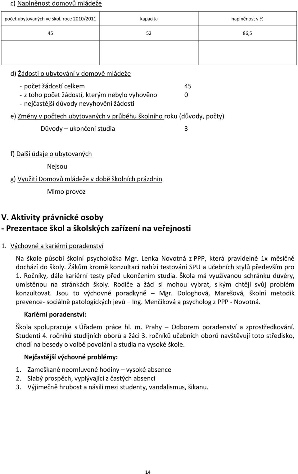 žádosti e) Změny v počtech ubytovaných v průběhu školního roku (důvody, počty) Důvody ukončení studia 3 f) Další údaje o ubytovaných Nejsou g) Využití Domovů mládeže v době školních prázdnin Mimo