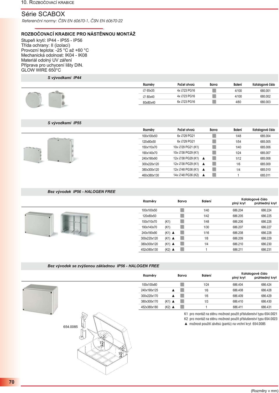 002 6x 23 PG6 680.003 S vývodkami IP55 Rozměry Počet otvorů Barva Balení Katalogové číslo 00x00x50 6x 29 PG2 /48 685.004 20x80x50 6x 29 PG2 /54 685.005 50x0x70 0x 29 PG2 (K) /40 685.