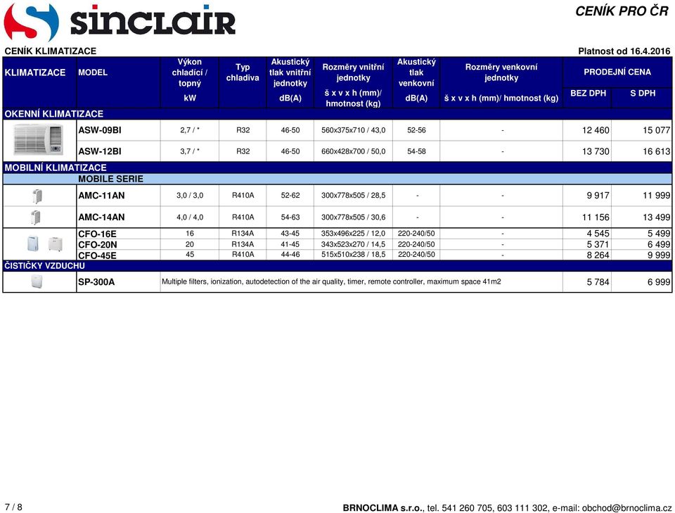 220-240/50-4 545 5 499 CFO-20N 20 R134A 41-45 343x523x270 / 14,5 220-240/50-5 371 6 499 CFO-45E 45 R410A 44-46 515x510x238 / 18,5 220-240/50-8 264 9 999 ČISTIČKY VZDUCHU SP-300A Multiple