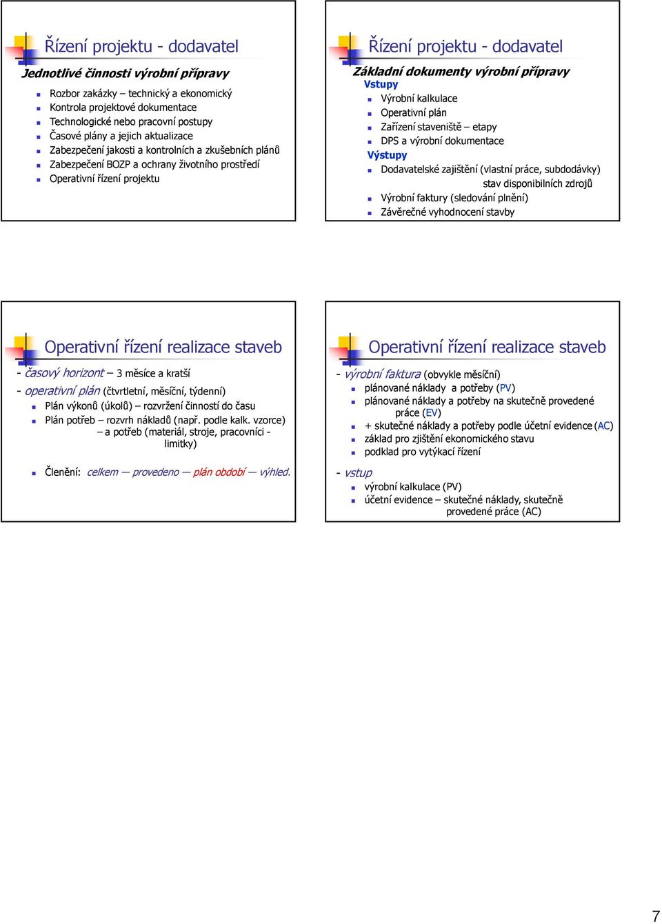 přípravy Vstupy Výrobní kalkulace Operativní plán Zařízení staveniště etapy DPS a výrobní dokumentace Výstupy Dodavatelské zajištění (vlastní práce, subdodávky) stav disponibilních zdrojů Výrobní