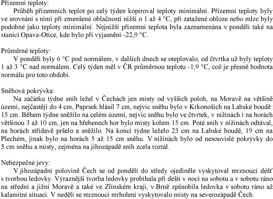 Nejnižší přízemní teplota byla zaznamenána v pondělí také na stanici Opava-Otice, kde bylo při vyjasnění -22,9 C.