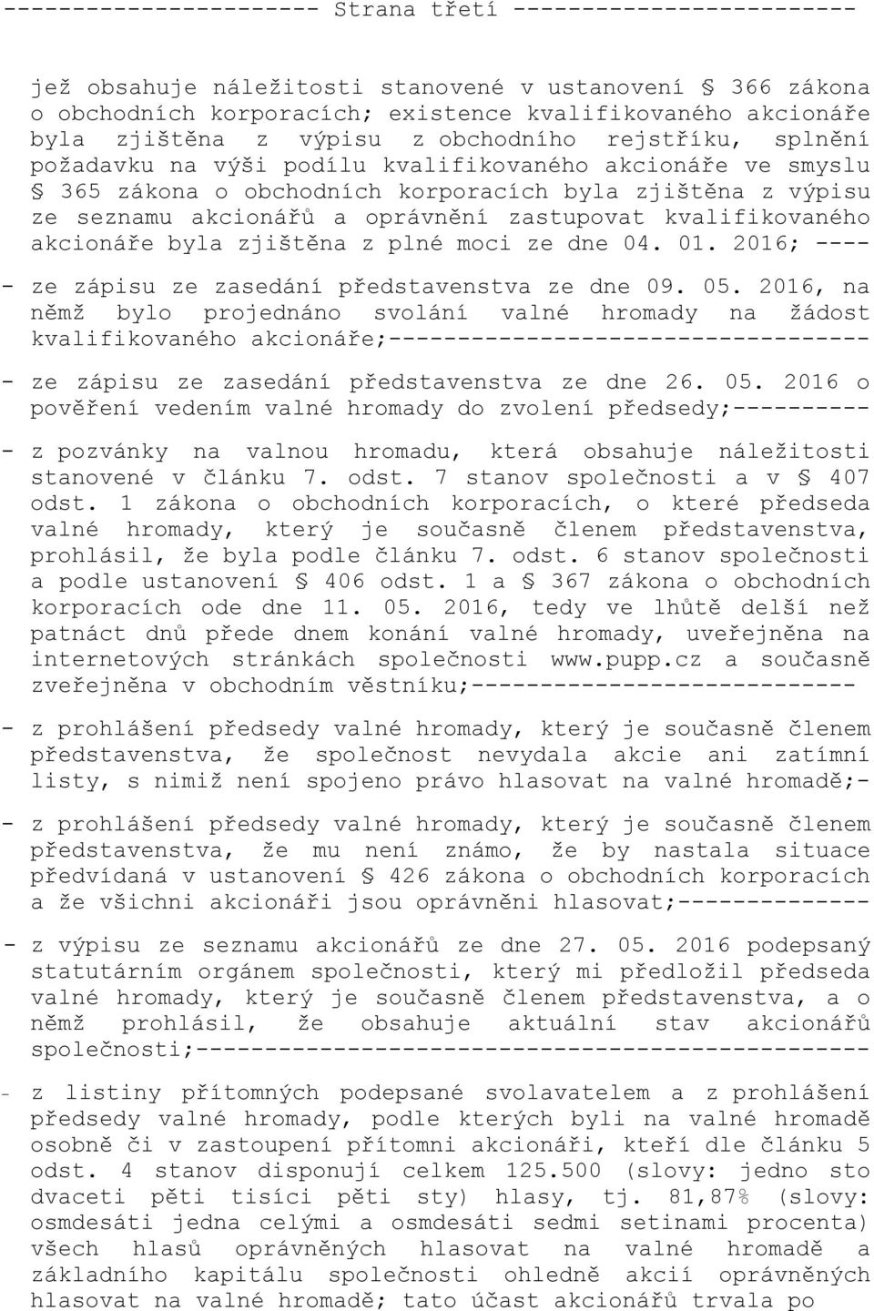 zastupovat kvalifikovaného akcionáře byla zjištěna z plné moci ze dne 04. 01. 2016; ---- - ze zápisu ze zasedání představenstva ze dne 09. 05.