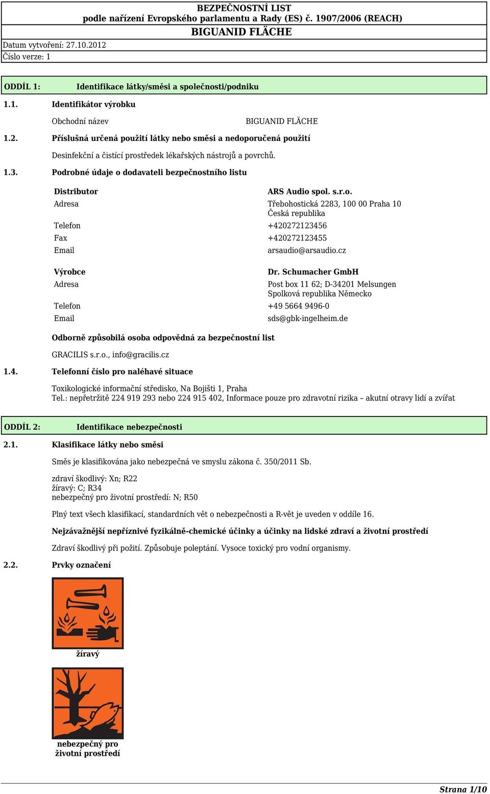 Podrobné údaje o dodavateli bezpečnostního listu Distributor ARS Audio spol. s.r.o. Adresa Třebohostická 2283, 100 00 Praha 10 Česká republika Telefon +420272123456 Fax +420272123455 Email Výrobce Adresa arsaudio@arsaudio.