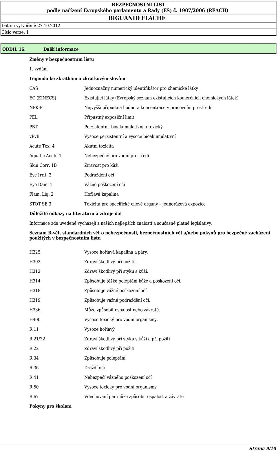 2 STOT SE 3 Jednoznačný numerický identifikátor pro chemické látky Existující látky (Evropský seznam existujících komerčních chemických látek) Nejvyšší přípustná hodnota koncentrace v pracovním
