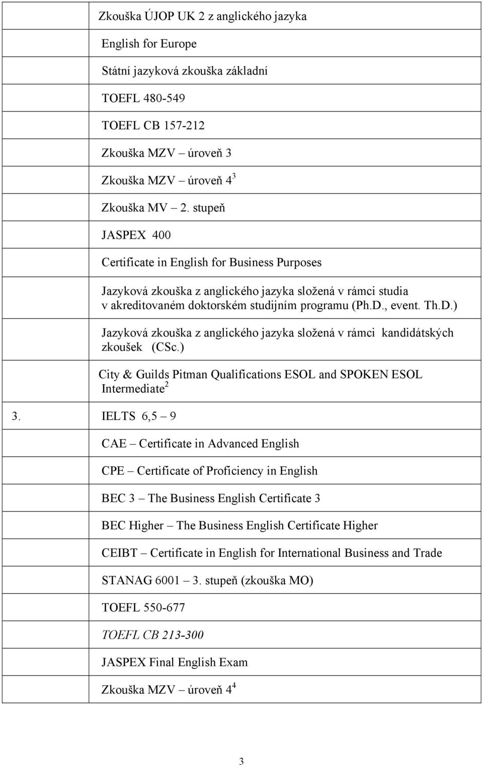 , event. Th.D.) Jazyková zkouška z anglického jazyka složená v rámci kandidátských zkoušek (CSc.