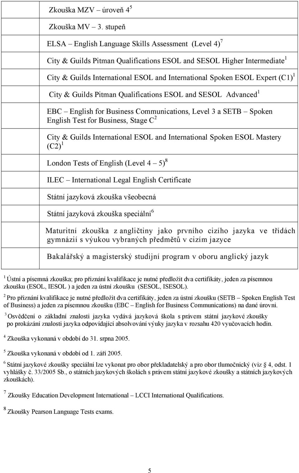 Expert (C1) 1 City & Guilds Pitman Qualifications ESOL and SESOL Advanced 1 EBC English for Business Communications, Level 3 a SETB Spoken English Test for Business, Stage C 2 City & Guilds