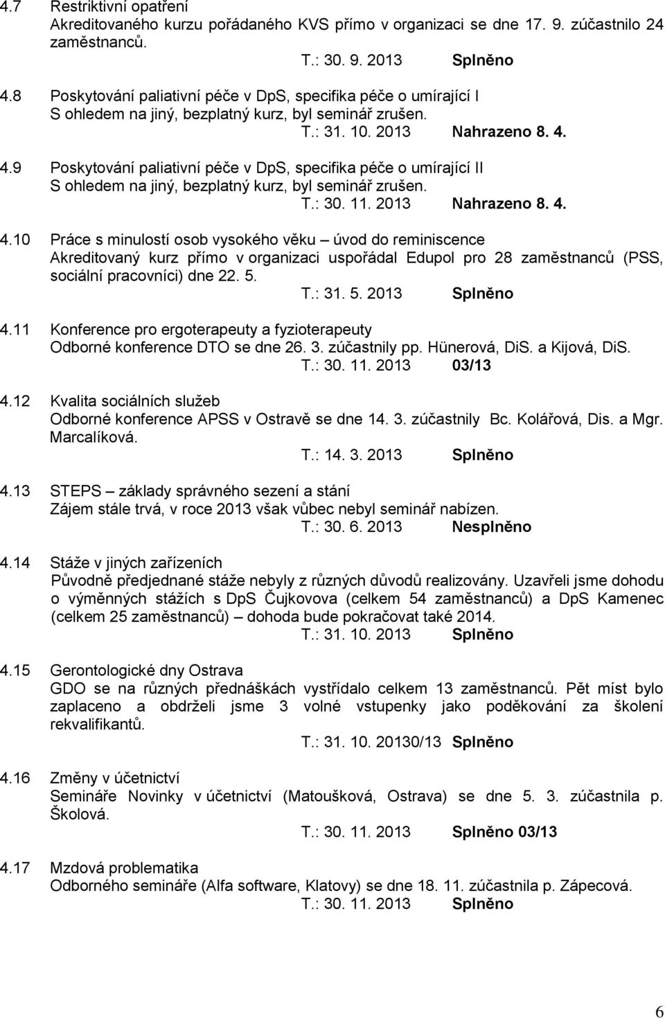 4.9 Poskytování paliativní péče v DpS, specifika péče o umírající II S ohledem na jiný, bezplatný kurz, byl seminář zrušen. T.: 30. 11. 2013 Nahrazeno 8. 4.