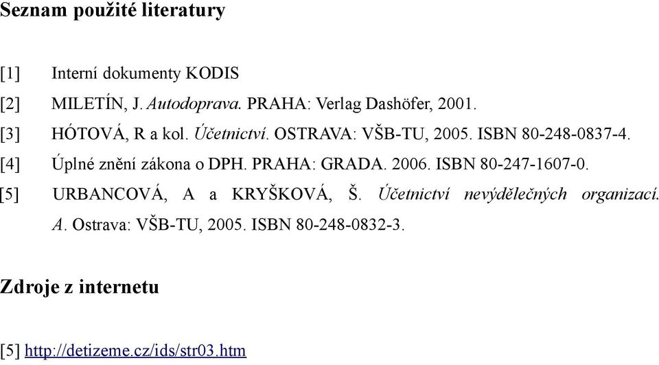 [4] Úplné znění zákona o DPH. PRAHA: GRADA. 2006. ISBN 80-247-1607-0. [5] URBANCOVÁ, A a KRYŠKOVÁ, Š.