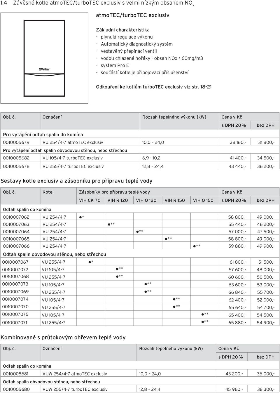 Označení Rozsah tepelného výkonu [kw] Cena v Kč s DPH 20 % Pro vytápění odtah spalin do komína 0010005679 VU 254/4-7 atmotec exclusiv 10,0 24,0 38 160,- 31 800,- Pro vytápění odtah spalin obvodovou