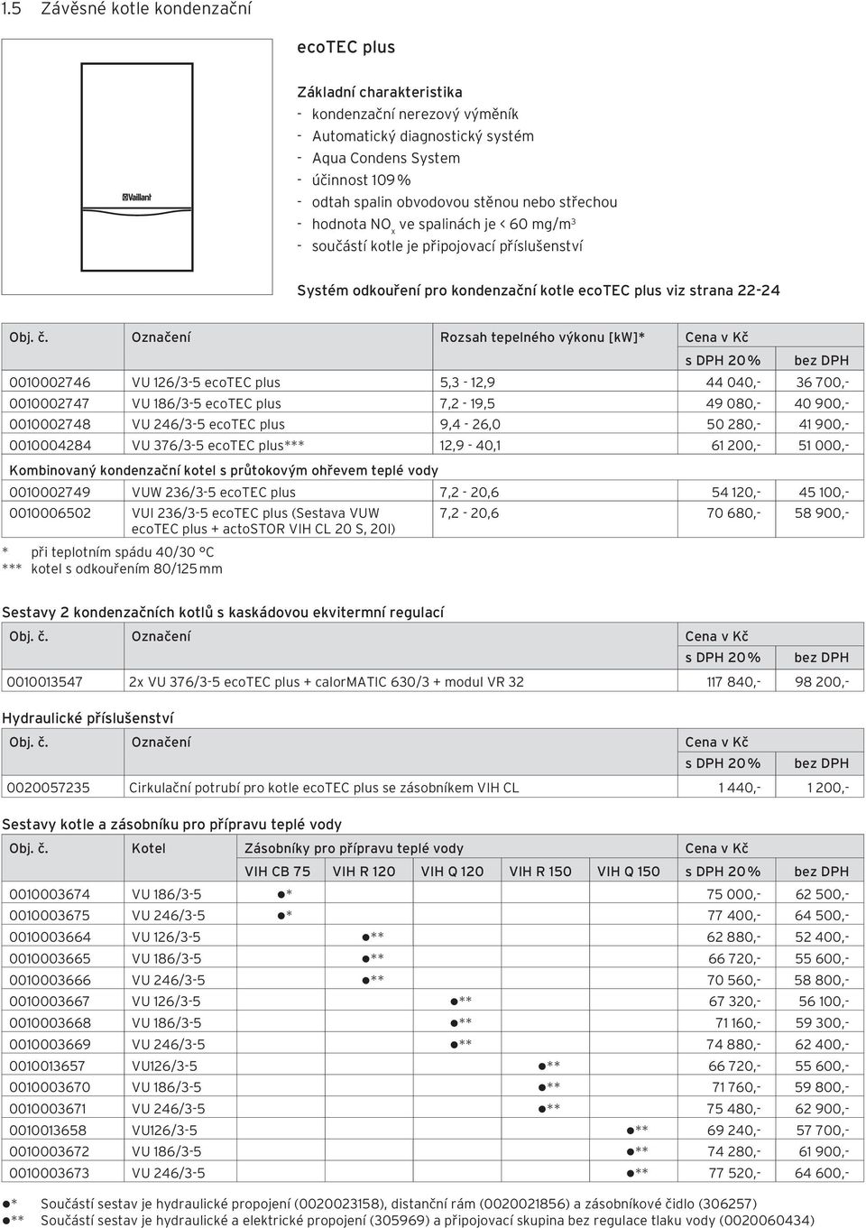 Označení Rozsah tepelného výkonu [kw]* Cena v Kč s DPH 20 % 0010002746 VU 126/3-5 ecotec plus 5,3-12,9 44 040,- 36 700,- 0010002747 VU 186/3-5 ecotec plus 7,2-19,5 49 080,- 40 900,- 0010002748 VU