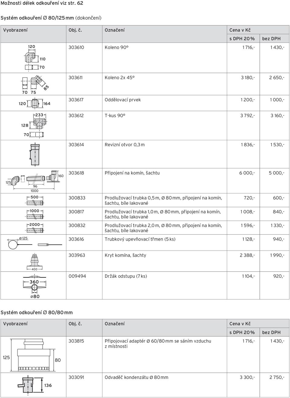 836,- 1 530,- 303618 Připojení na komín, šachtu 6 000,- 5 000,- 300833 Prodlužovací trubka 0,5 m, Ø 80 mm, připojení na komín, šachtu, bíle lakované 300817 Prodlužovací trubka 1,0 m, Ø 80 mm,