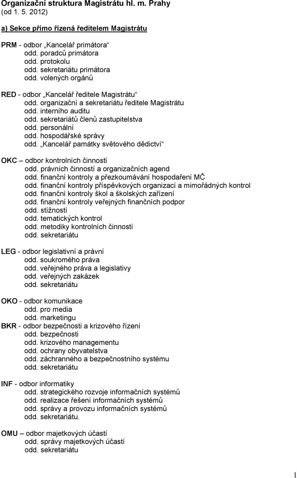 hospodářské správy odd. Kancelář památky světového dědictví OKC odbor kontrolních činností odd. právních činností a organizačních agend odd. finanční kontroly a přezkoumávání hospodaření MČ odd.