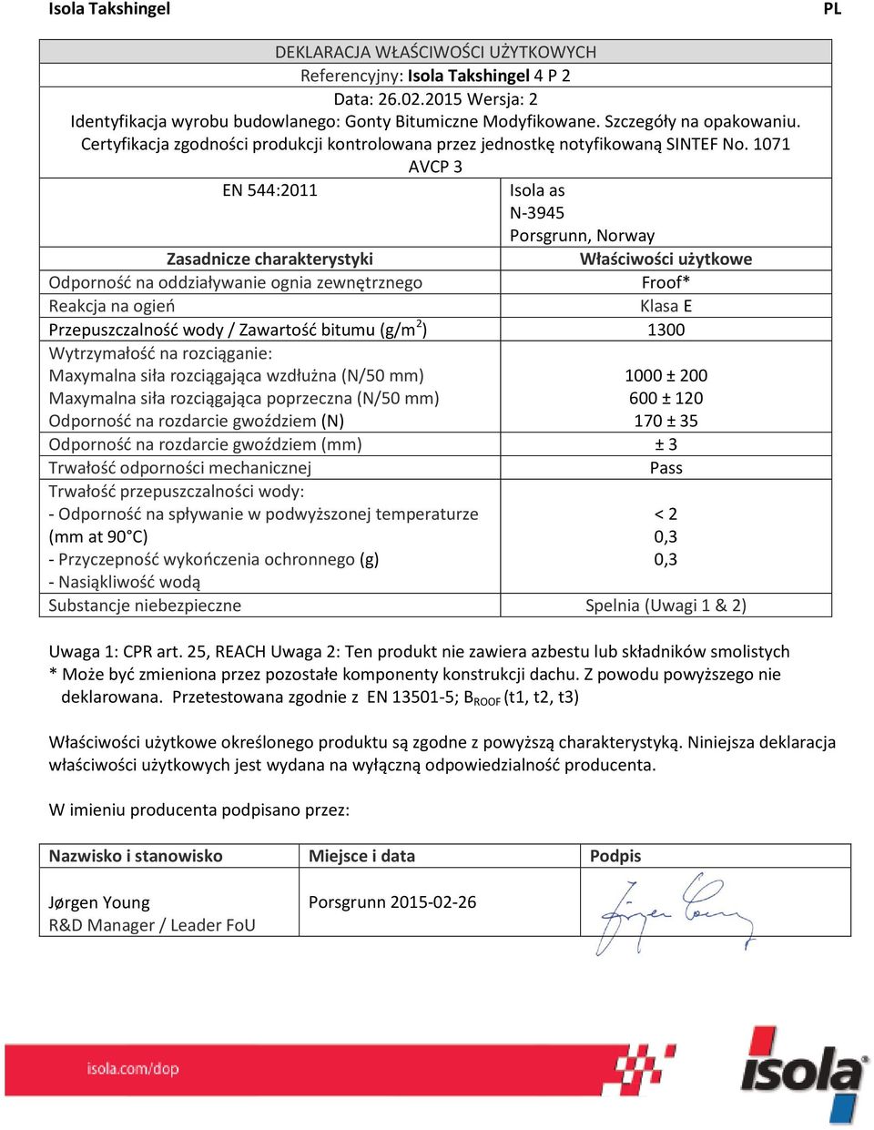 1071 Zasadnicze charakterystyki Właściwości użytkowe Odporność na oddziaływanie ognia zewnętrznego Reakcja na ogień Klasa E Przepuszczalność wody / Zawartość bitumu (g/m 2 ) 1300 Wytrzymałość na