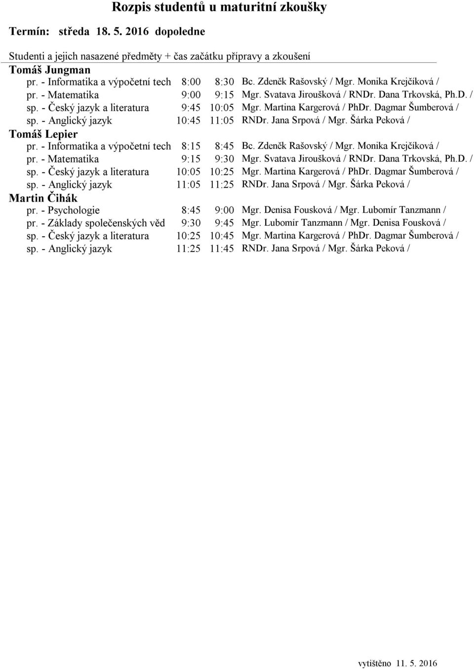 Šárka Peková / Tomáš Lepier pr. - Informatika a výpočetní tech 8:15 8:45 Bc. Zdeněk Rašovský / Mgr. Monika Krejčíková / pr. - Matematika 9:15 9:30 Mgr. Svatava Jiroušková / RNDr. Dana Trkovská, Ph.D. / sp.