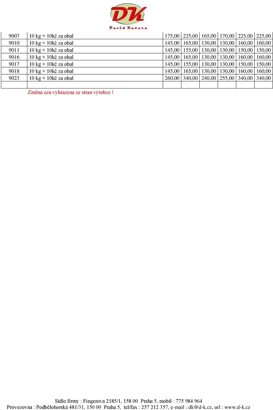 160,00 160,00 9017 10 kg + 10kč za obal 145,00 155,00 130,00 130,00 150,00 150,00 9018 10 kg + 10kč za obal 145,00 165,00 130,00