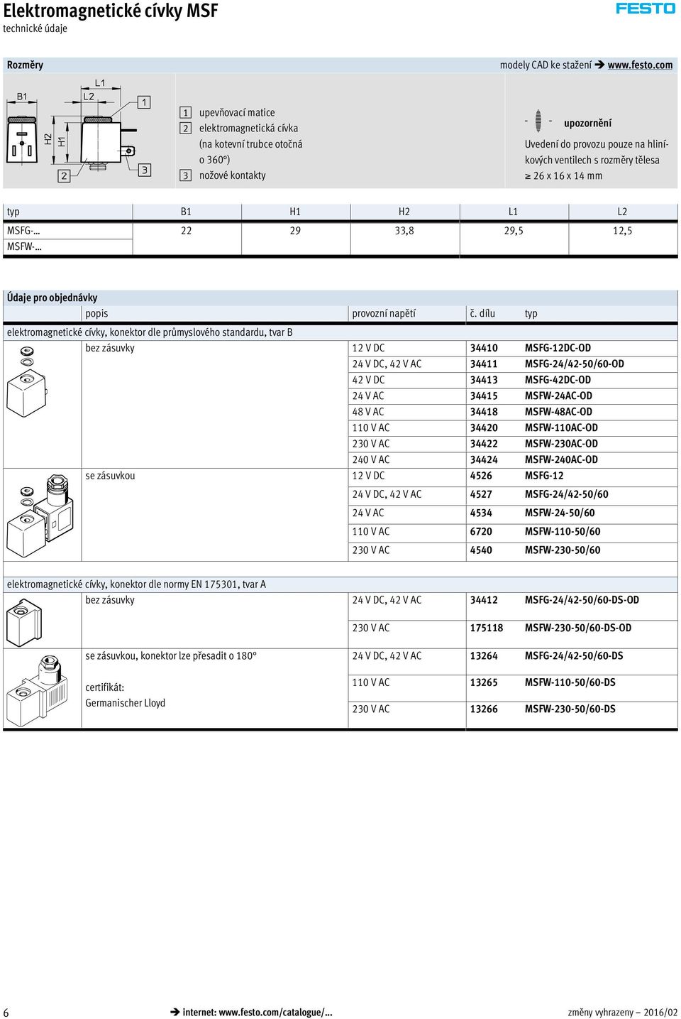 typ B1 H1 H2 L1 L2 MSFG- 22 29 33,8 29,5 12,5 MSFW- Údaje pro objednávky popis provozní napětí č.