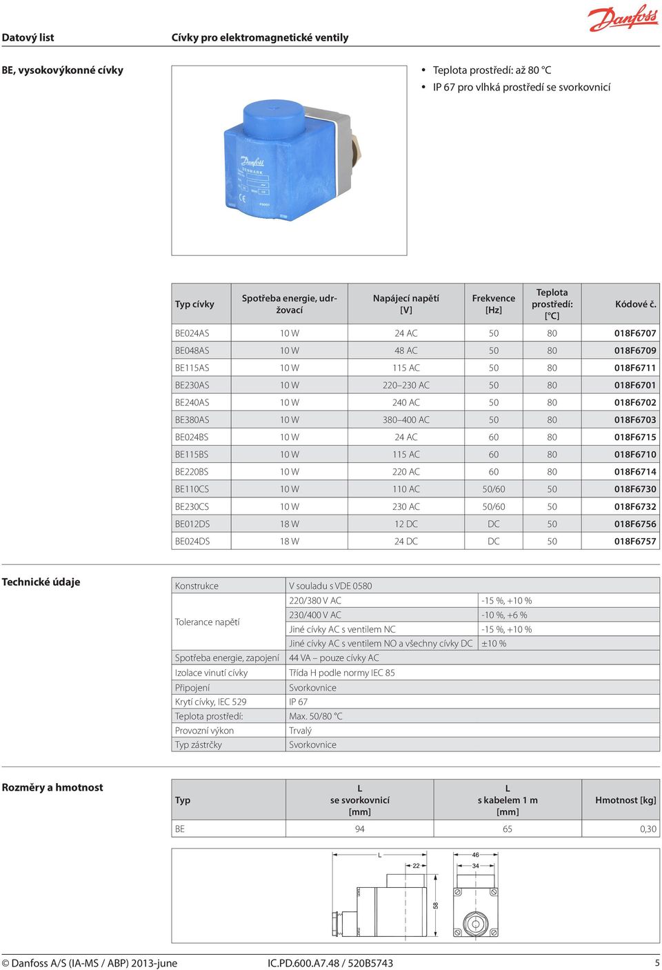 AC 60 80 018F6710 BE220BS 10 W 220 AC 60 80 018F6714 BE110CS 10 W 110 AC 50/60 50 018F6730 BE230CS 10 W 230 AC 50/60 50 018F6732 BE012DS 18 W 12 DC DC 50 018F6756 BE024DS 18 W 24 DC DC 50 018F6757