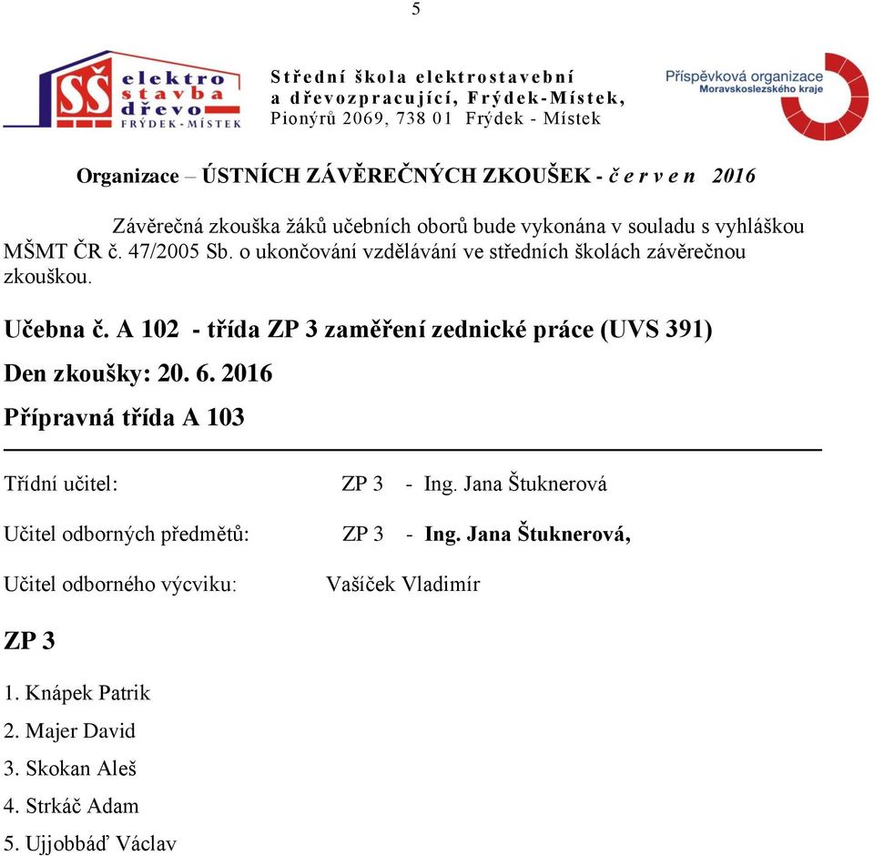 Přípravná třída A 103 ZP 3 - Ing. Jana Štuknerová ZP 3 - Ing.