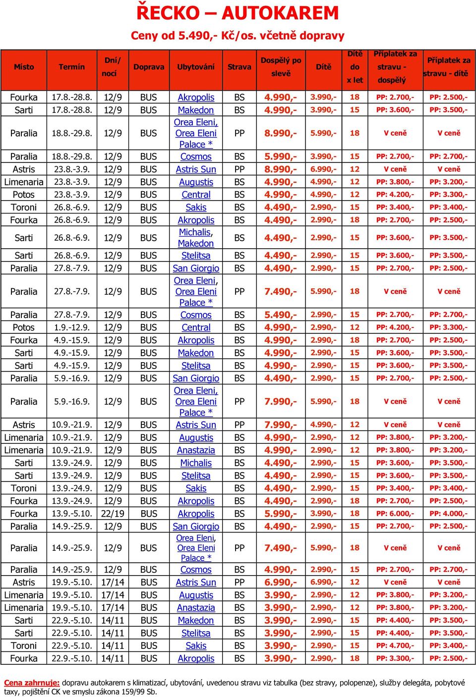 990,- 3.990,- 18 PP: 2.700,- PP: 2.500,- Sarti 17.8.-28.8. 12/9 BUS Makedon BS 4.990,- 3.990,- 15 PP: 3.600,- PP: 3.500,- Paralia 18.8.-29.8. 12/9 BUS Orea Eleni, Orea Eleni Palace * PP 8.990,- 5.