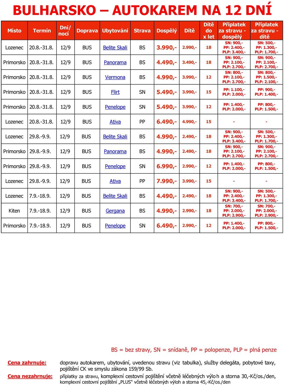 700,- SN: 800,- PP: 2.100,- PLP: 2.700,- Příplatek za stravu - dítě SN: 500,- PP: 1.300,- PLP: 1.700,- SN: 900,- PP: 2.100,- PLP: 2.700,- SN: 800,- PP: 1.500,- PLP: 2.100,- Primorsko 20.8.-31.8. 12/9 BUS Flirt SN 5.