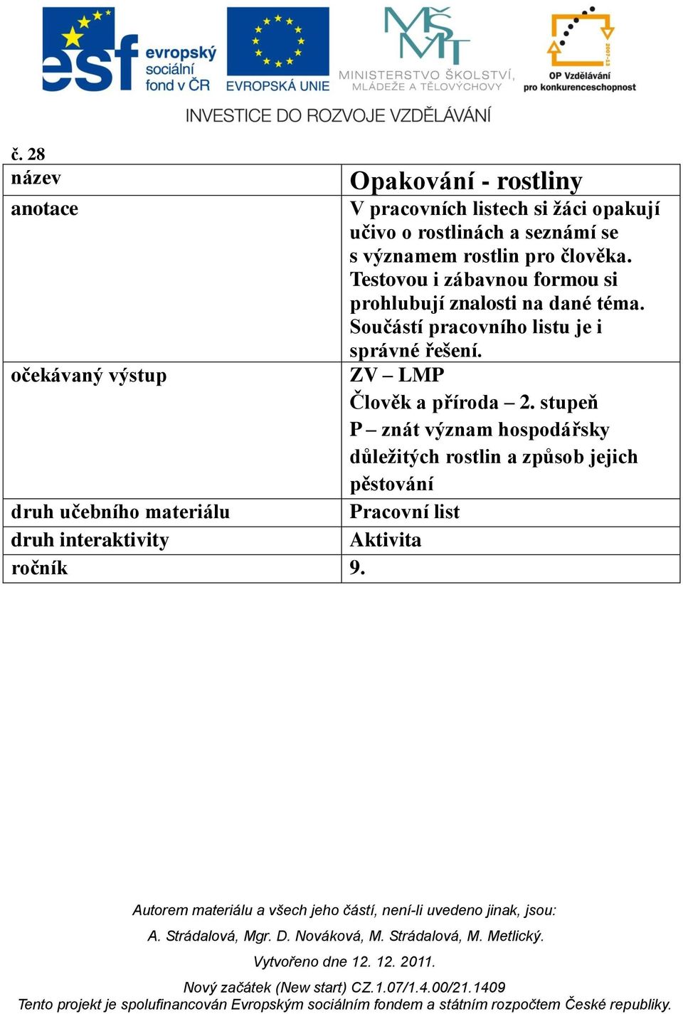 Součástí pracovního listu je i správné řešení. očekávaný výstup ZV LMP Člověk a příroda 2.