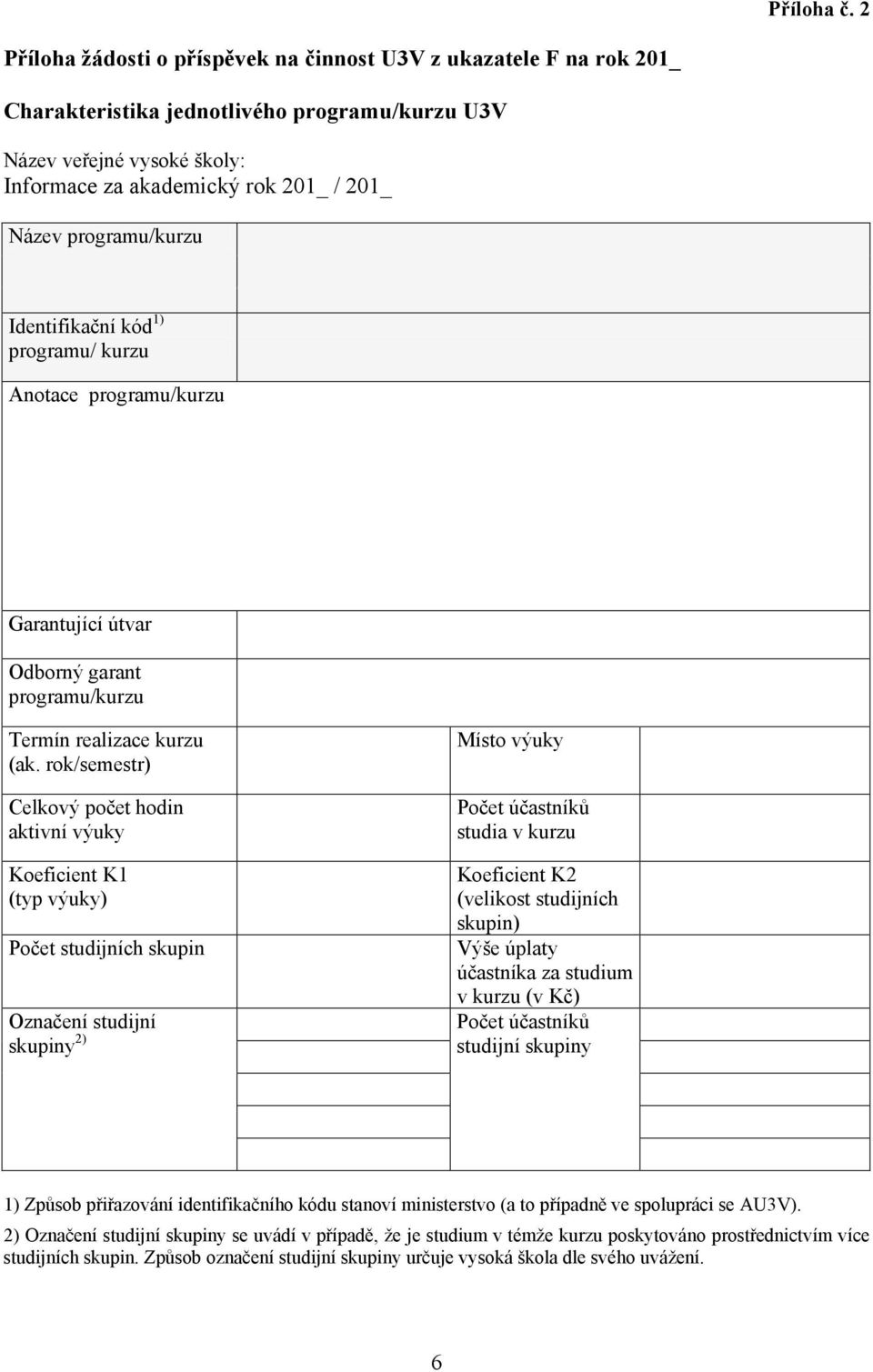 programu/kurzu Identifikační kód 1) programu/ kurzu Anotace programu/kurzu Garantující útvar Odborný garant programu/kurzu Termín realizace kurzu (ak.