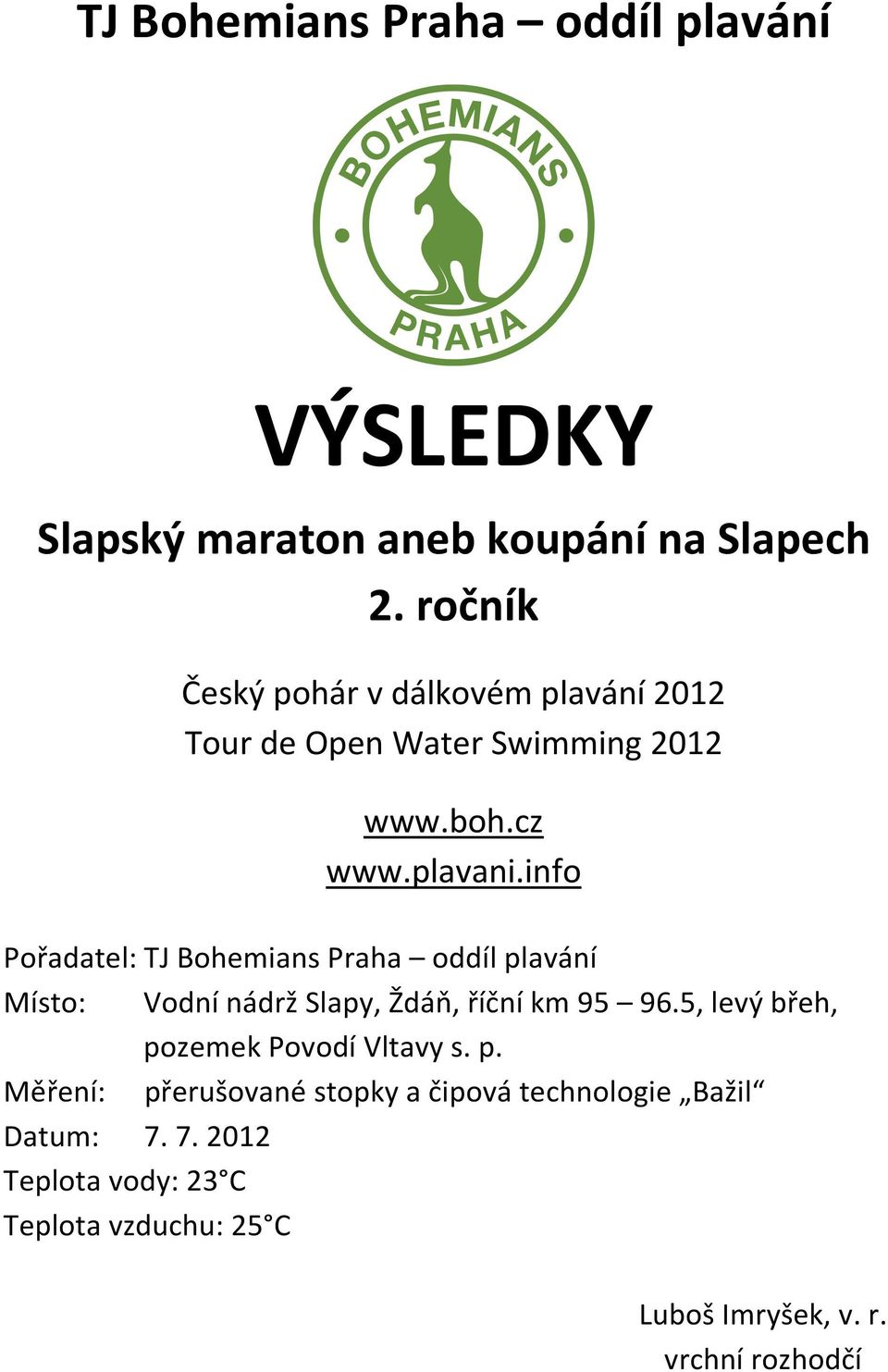 info Pořadatel: TJ Bohemians Praha oddíl plavání Místo: Vodní nádrž Slapy, Ždáň, říční km 95 96.