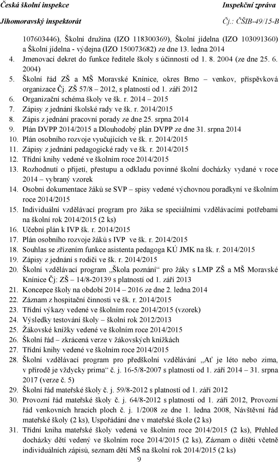 ZŠ 57/8 2012, s platností od 1. září 2012 6. Organizační schéma školy ve šk. r. 2014 2015 7. Zápisy z jednání školské rady ve šk. r. 2014/2015 8. Zápis z jednání pracovní porady ze dne 25.