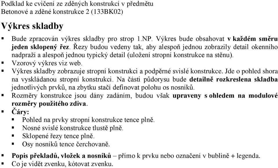 Výkres skladby zobrazuje stropní konstrukci a podpěrné svislé konstrukce. Jde o pohled shora na vyskládanou stropní konstrukci.