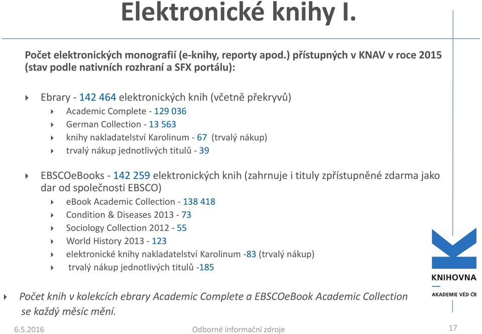 nakladatelství Karolinum 67 (trvalý nákup) trvalý nákup jednotlivých titulů 39 EBSCOeBooks 142 259 elektronických knih (zahrnuje i tituly zpřístupněné zdarma jako dar od společnosti EBSCO) ebook