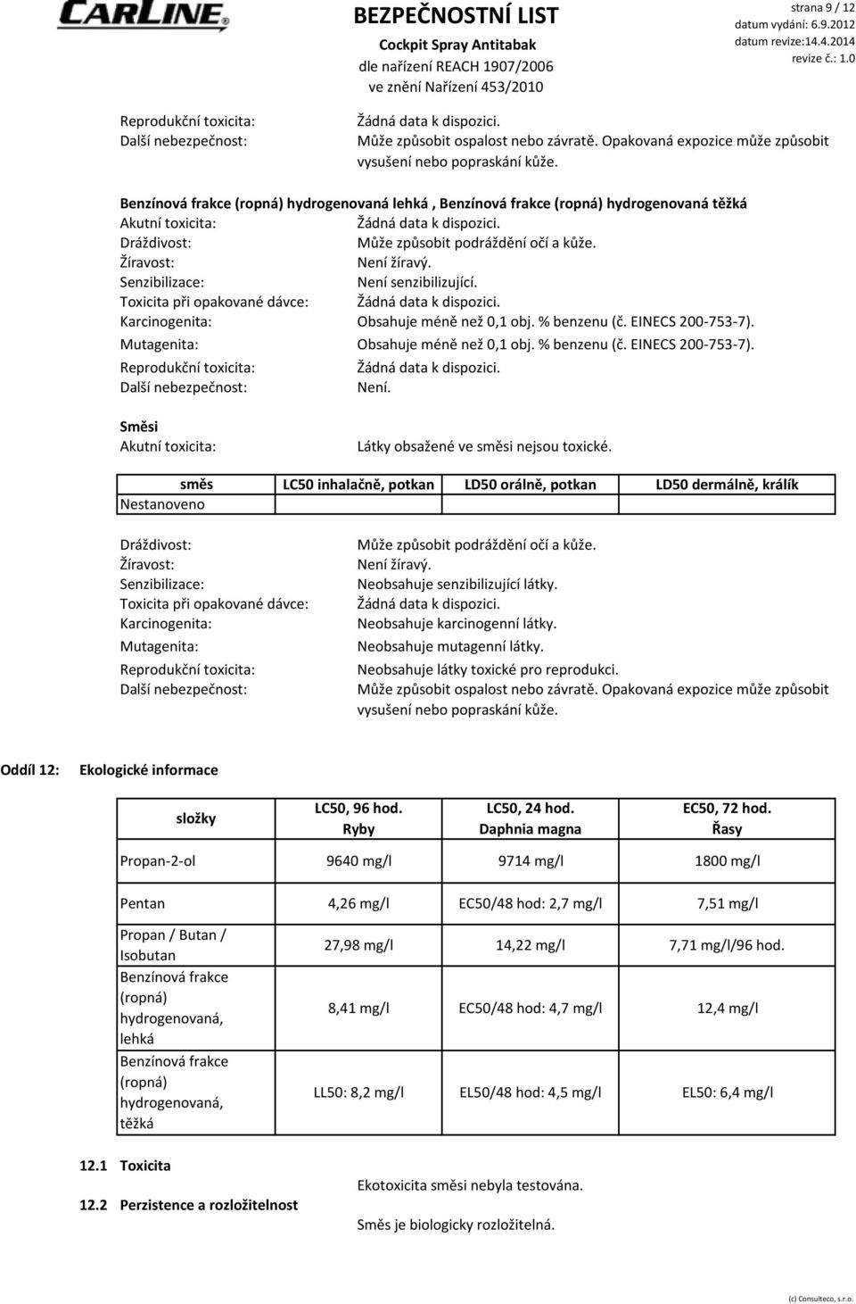 Senzibilizace: Není senzibilizující. Toxicita při opakované dávce: Karcinogenita: Obsahuje méně než 0,1 obj. % benzenu (č. EINECS 200-753-7). Mutagenita: Obsahuje méně než 0,1 obj. % benzenu (č. EINECS 200-753-7). Reprodukční toxicita: Další nebezpečnost: Není.