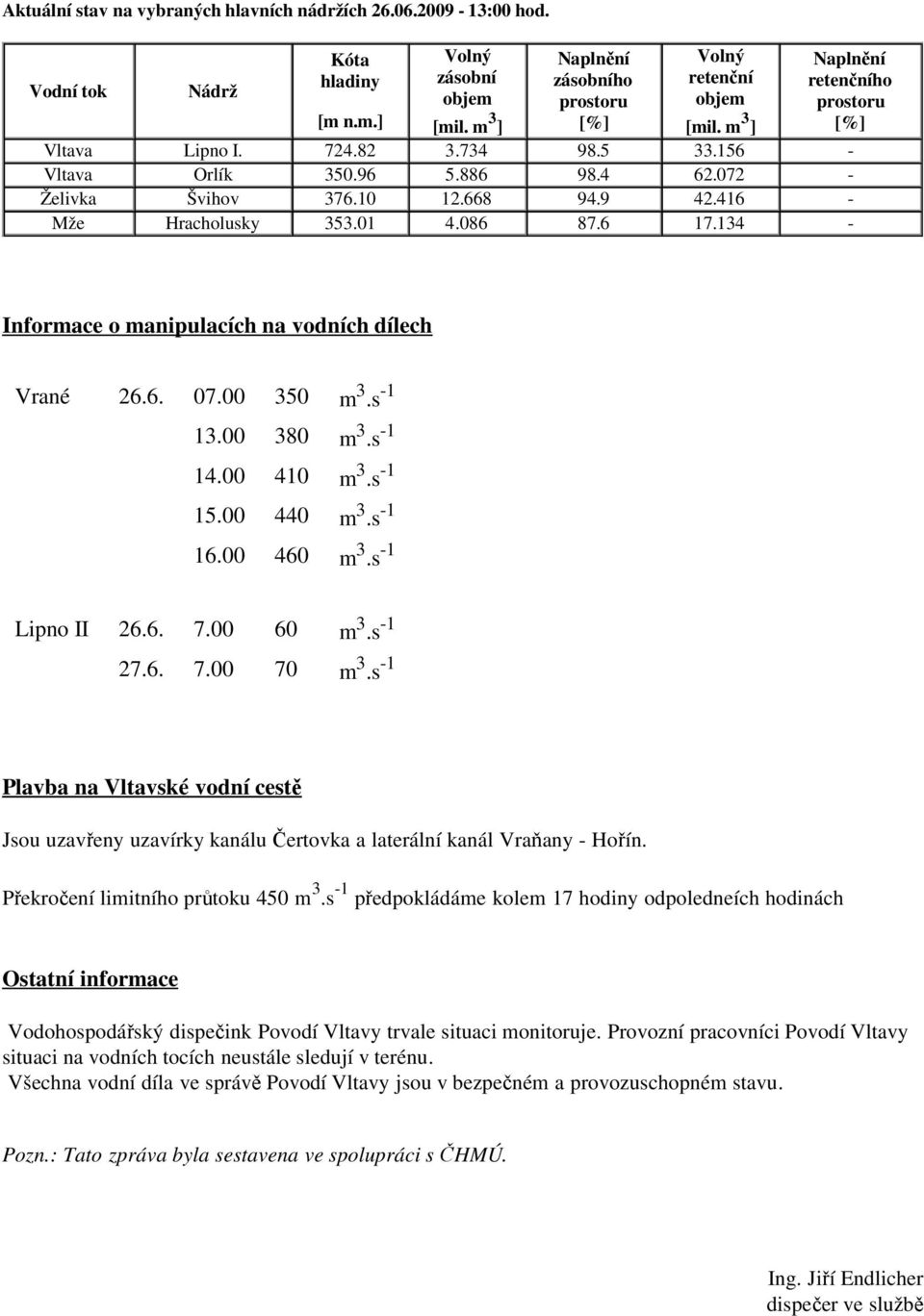 96 5.886 98.4 62.072 - Želivka Švihov 376.10 12.668 94.9 42.416 - Mže Hracholusky 353.01 4.086 87.6 17.134 - Informace o manipulacích na vodních dílech Vrané 26.6. 07.00 350 m 3.s -1 13.00 380 m 3.