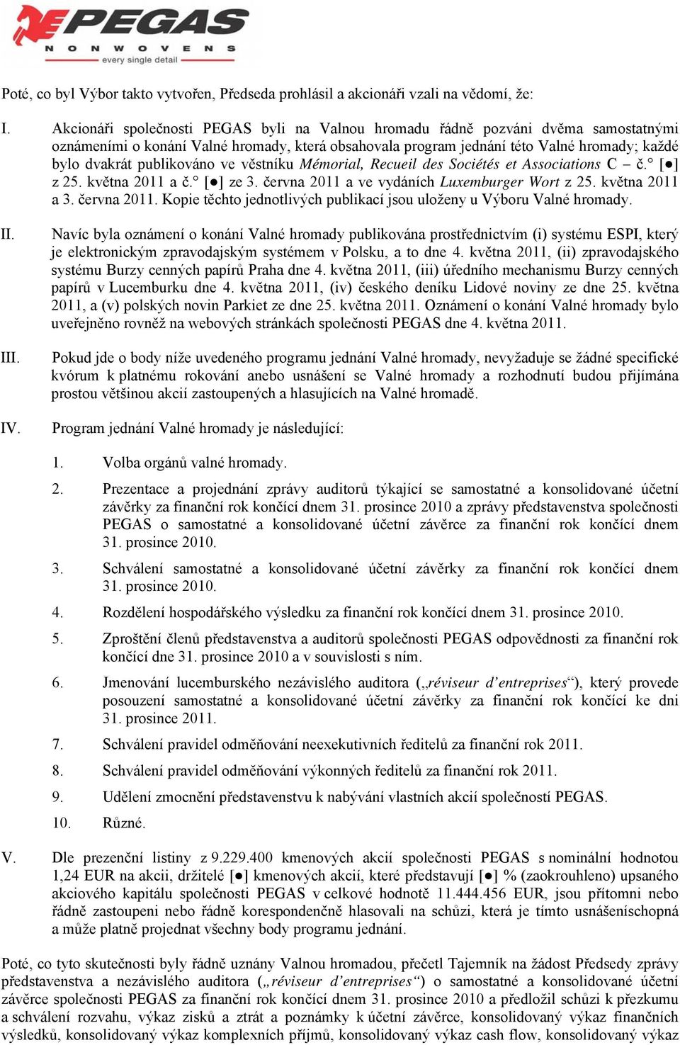 publikováno ve věstníku Mémorial, Recueil des Sociétés et Associations C č. [ ] z 25. května 2011 a č. [ ] ze 3. června 2011 a ve vydáních Luxemburger Wort z 25. května 2011 a 3. června 2011. Kopie těchto jednotlivých publikací jsou uloženy u Výboru Valné hromady.