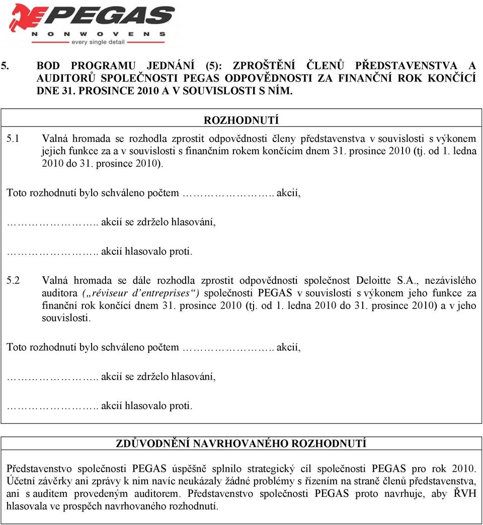 ledna 2010 do 31. prosince 2010). 5.2 Valná hromada se dále rozhodla zprostit odpovědnosti společnost Deloitte S.A.