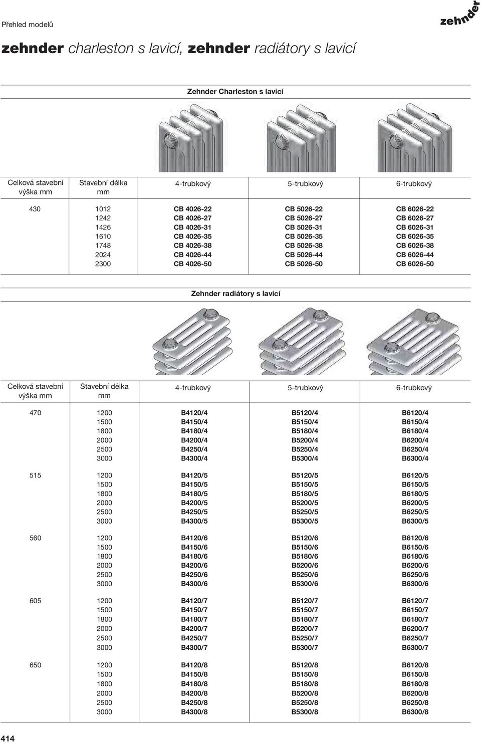 CB 4026-44 CB 5026-44 CB 6026-44 2300 CB 4026-50 CB 5026-50 CB 6026-50 Zehnder radiátory Bank-Radiator s lavicí Bankhöhe Celková stavební gesamt výška Stavební Baulänge délka 4-trubkový 4-Säuler