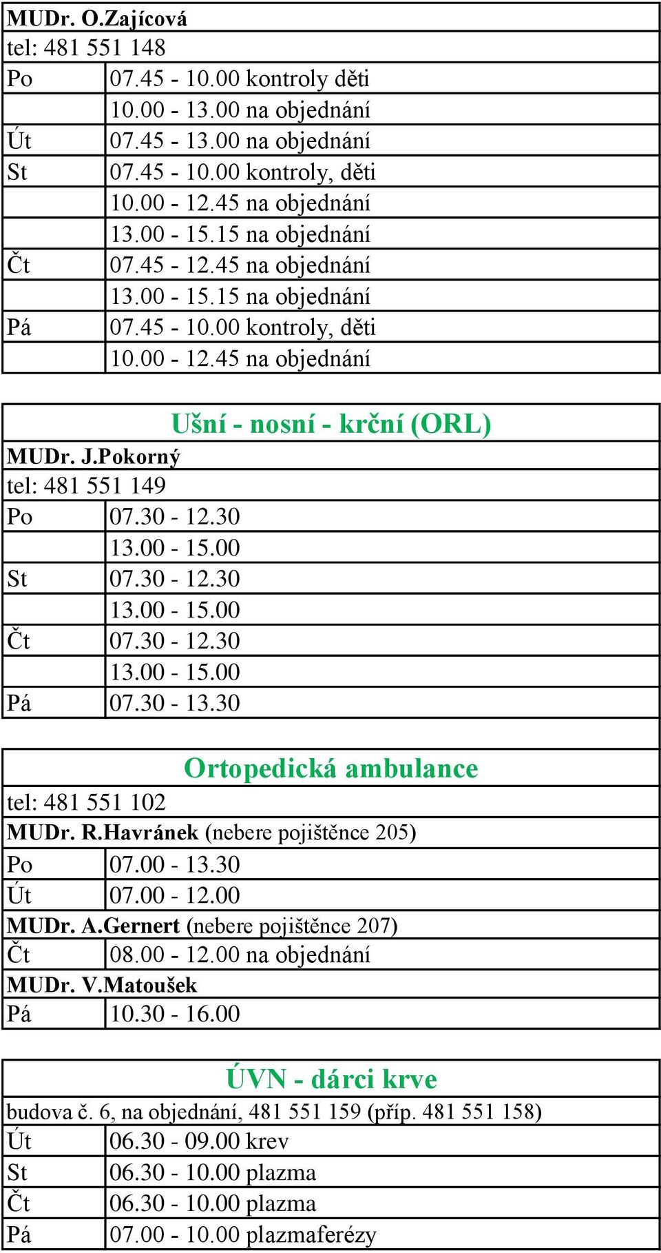 30 Ušní - nosní - krční (ORL) Ortopedická ambulance tel: 481 551 102 MUDr. R.Havránek (nebere pojištěnce 205) Po 07.00-13.30 Út 07.00-12.00 MUDr. A.Gernert (nebere pojištěnce 207) Čt 08.00-12.00 na objednání MUDr.