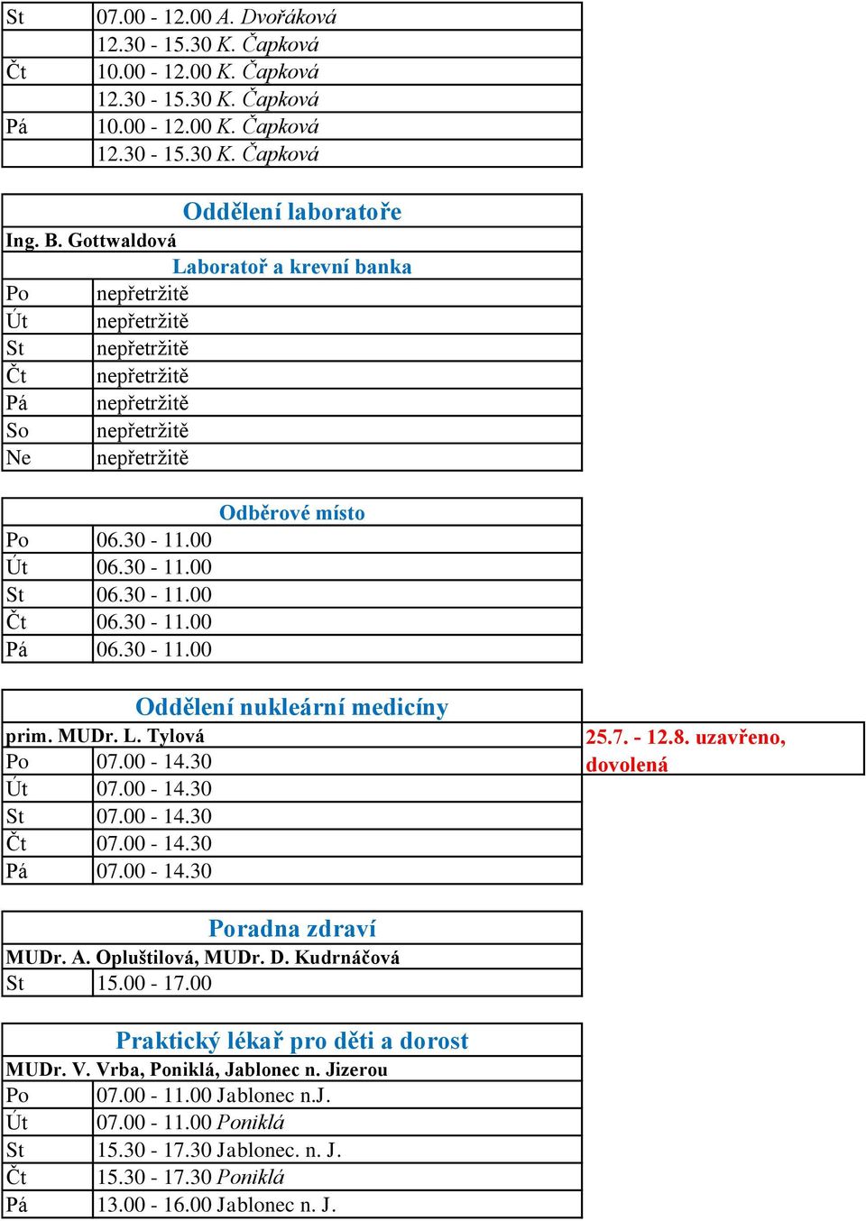 00-14.30 Út 07.00-14.30 07.00-14.30 Čt 07.00-14.30 07.00-14.30 Oddělení nukleární medicíny 25.7. - 12.8. uzavřeno, dovolená Poradna zdraví MUDr. A. Opluštilová, MUDr. D. Kudrnáčová 15.