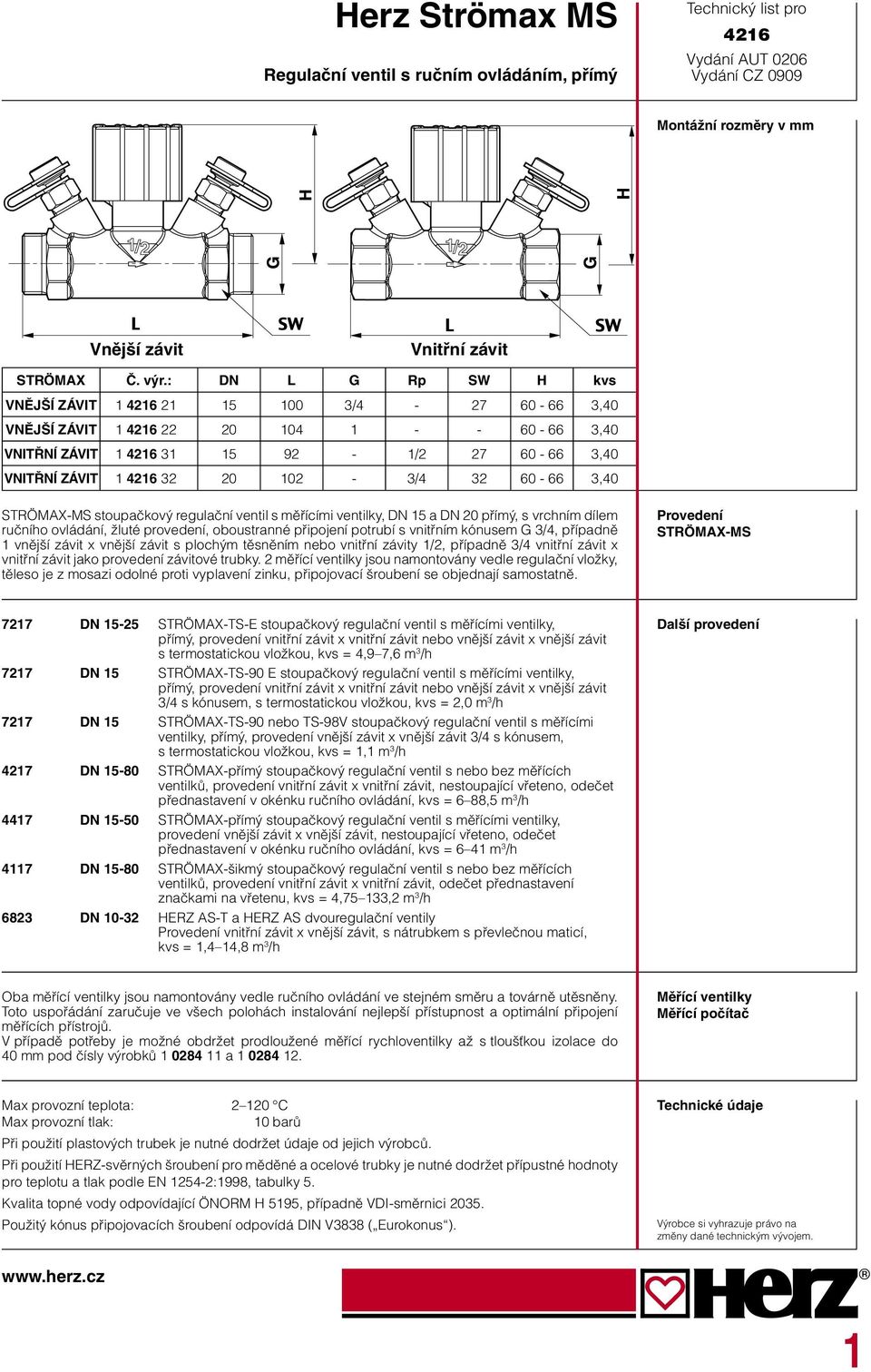 32 60-66 3,40 STRÖMAX-MS stoupačkový regulační ventil s měřícími ventilky, DN 15 a DN 20 přímý, s vrchním dílem ručního ovládání, žluté provedení, oboustranné připojení potrubí s vnitřním kónusem G