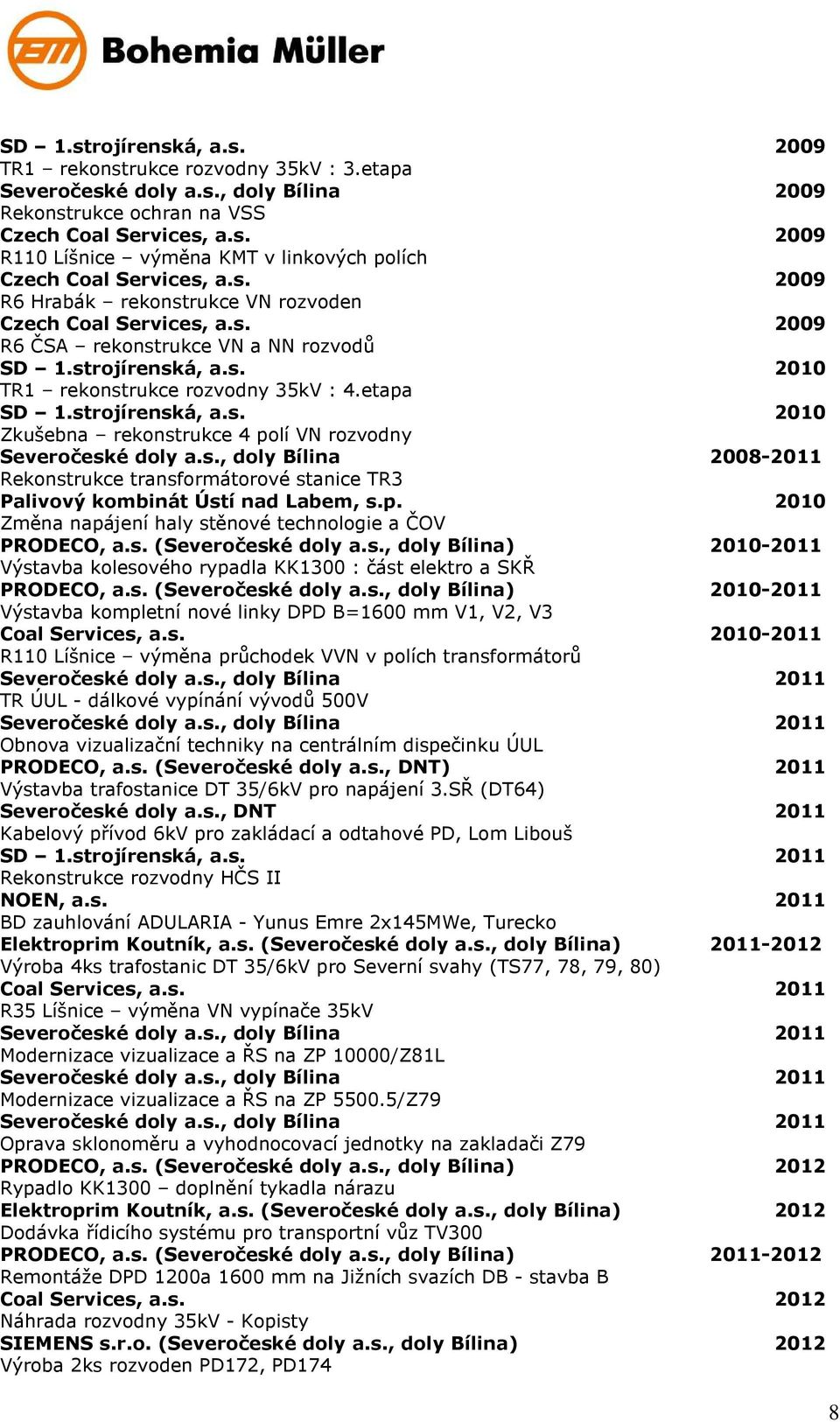 strojírenská, a.s. 2010 Zkušebna rekonstrukce 4 polí VN rozvodny Severočeské doly a.s., doly Bílina 2008-2011 Rekonstrukce transformátorové stanice TR3 Palivový kombinát Ústí nad Labem, s.p. 2010 Změna napájení haly stěnové technologie a ČOV PRODECO, a.