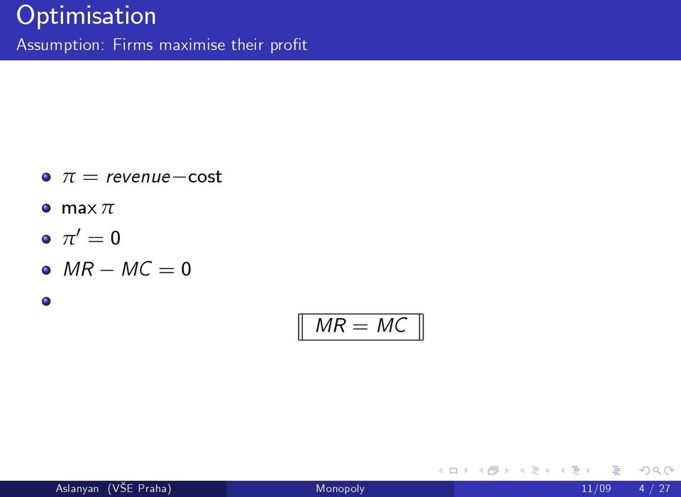 cost max π π 0 = 0 MR MC = 0 MR =