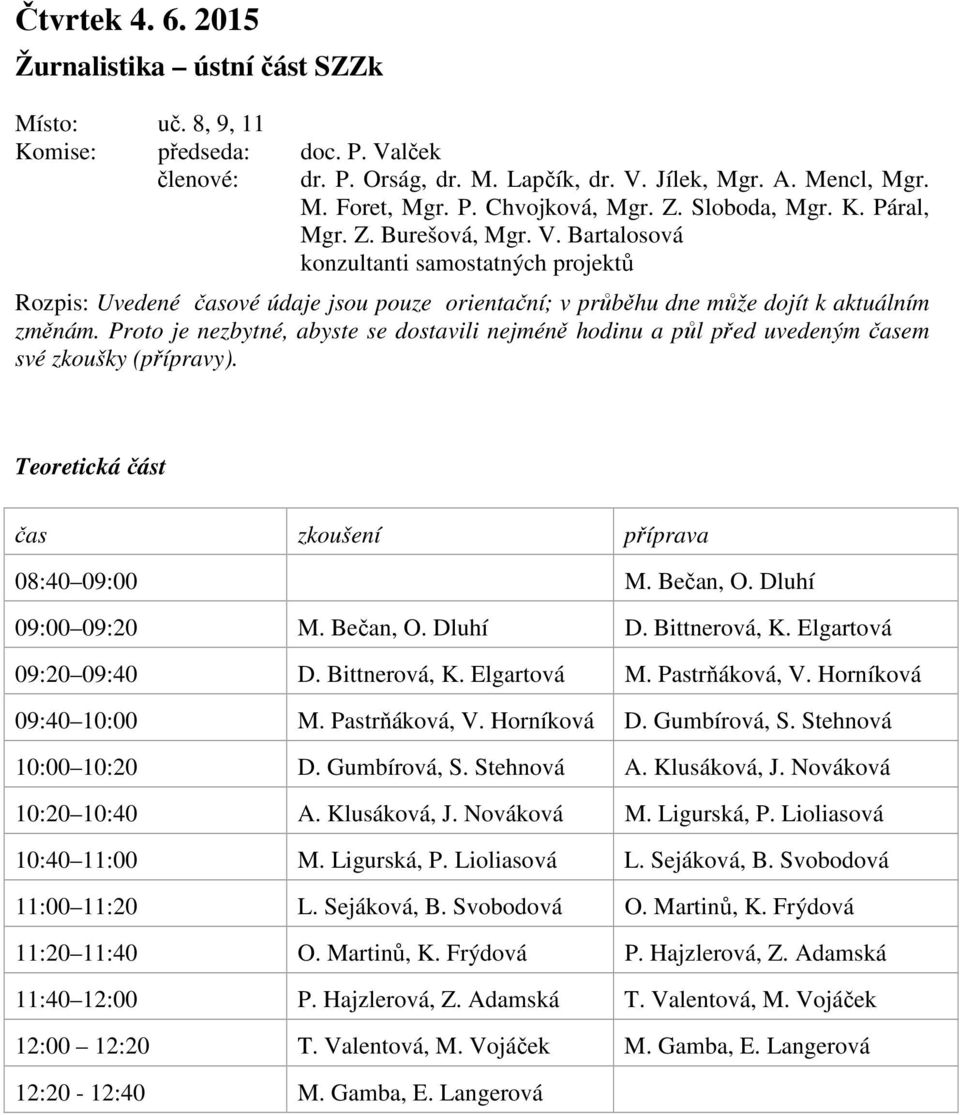 Proto je nezbytné, abyste se dostavili nejméně hodinu a půl před uvedeným časem své zkoušky (přípravy). Teoretická část čas zkoušení příprava 08:40 09:00 M. Bečan, O. Dluhí 09:00 09:20 M. Bečan, O. Dluhí D.