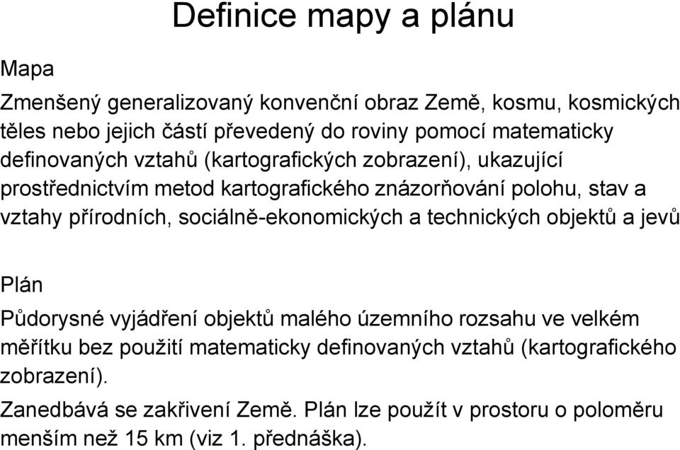 přírodních, sociálně-ekonomických a technických objektů a jevů Plán Půdorysné vyjádření objektů malého územního rozsahu ve velkém měřítku bez použití